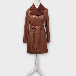 On Twelfth Brown Faux Leather Trench Coat Sherpa Collar Tie Waist Size Small
